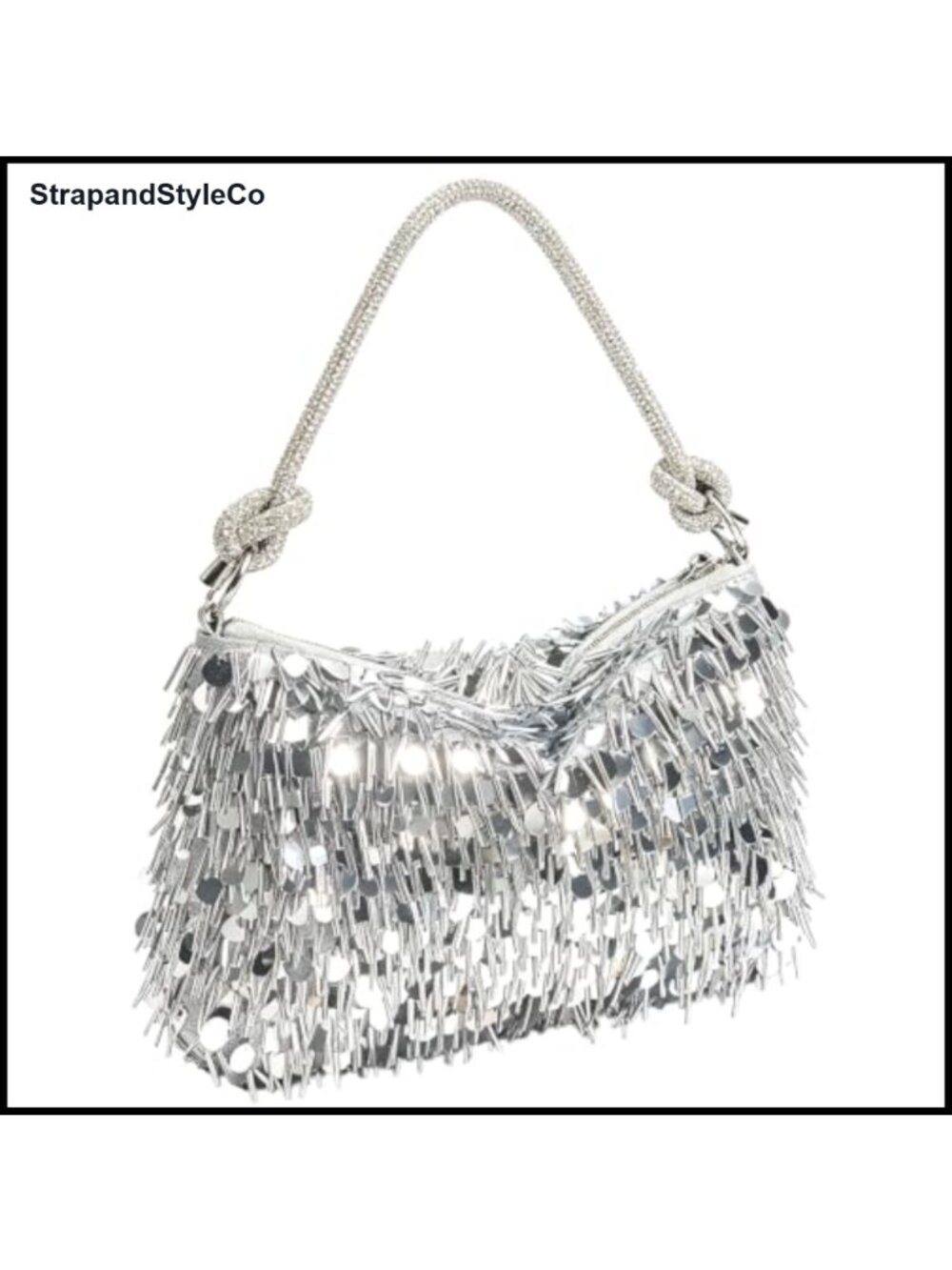 Silver Sequin Fringe Clutch Evening Bag Rhinestone Strap Formal Purse